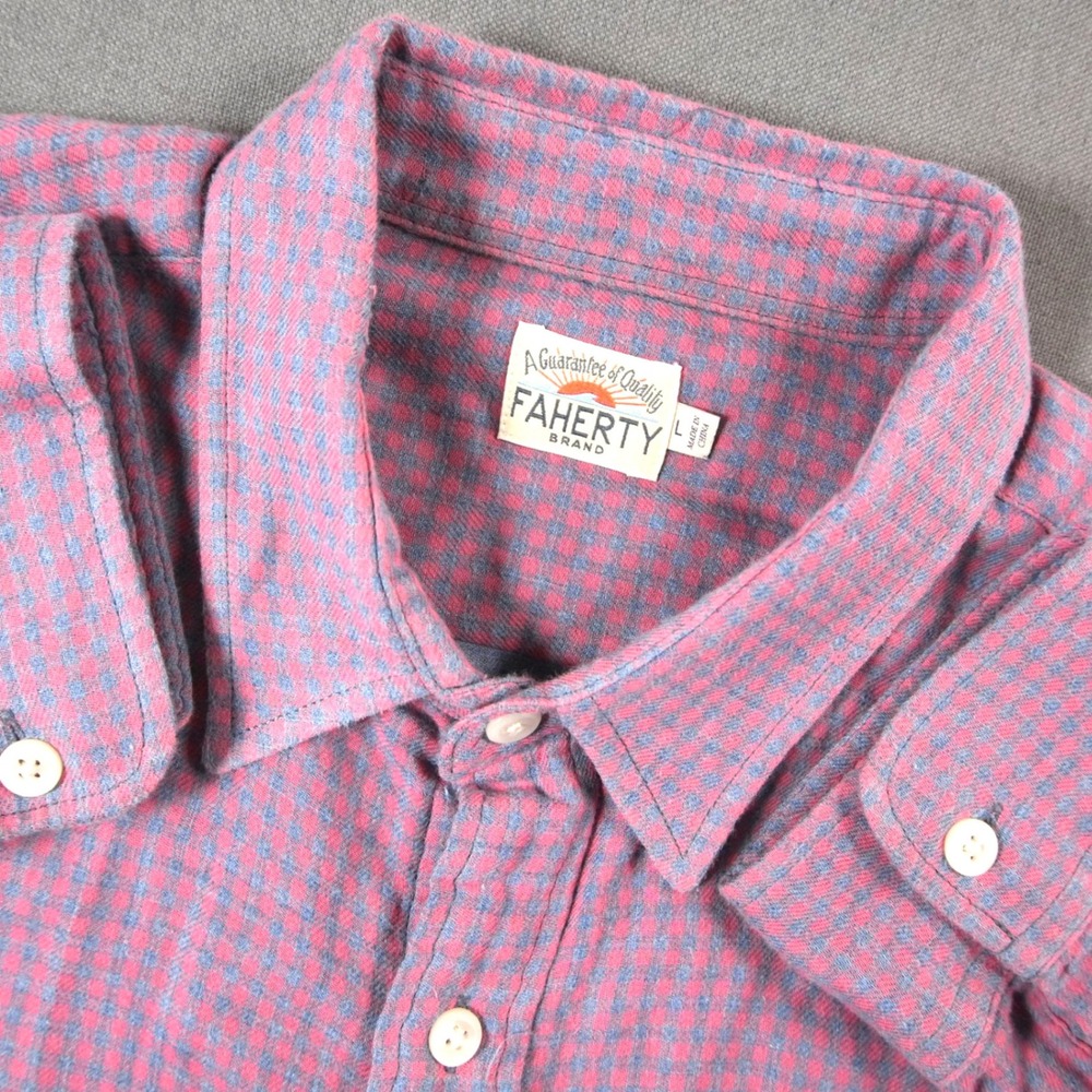 Faherty Double Cloth Micro Gingham Check Men Long Sleeve Soft Shirt L Pink